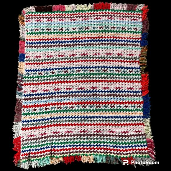 Vintage Afghan Throw Blanket Crocheted Handmade Fringe Rainbow Stripes Retro - Picture 3 of 9